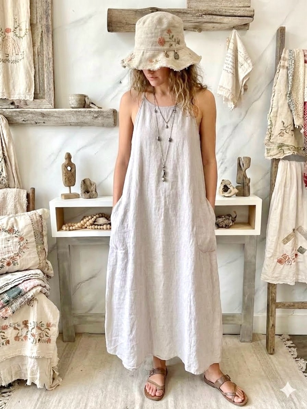 Italian Rare Linen Maxi boho Sundress w resort vacay beach cottagecore vibe